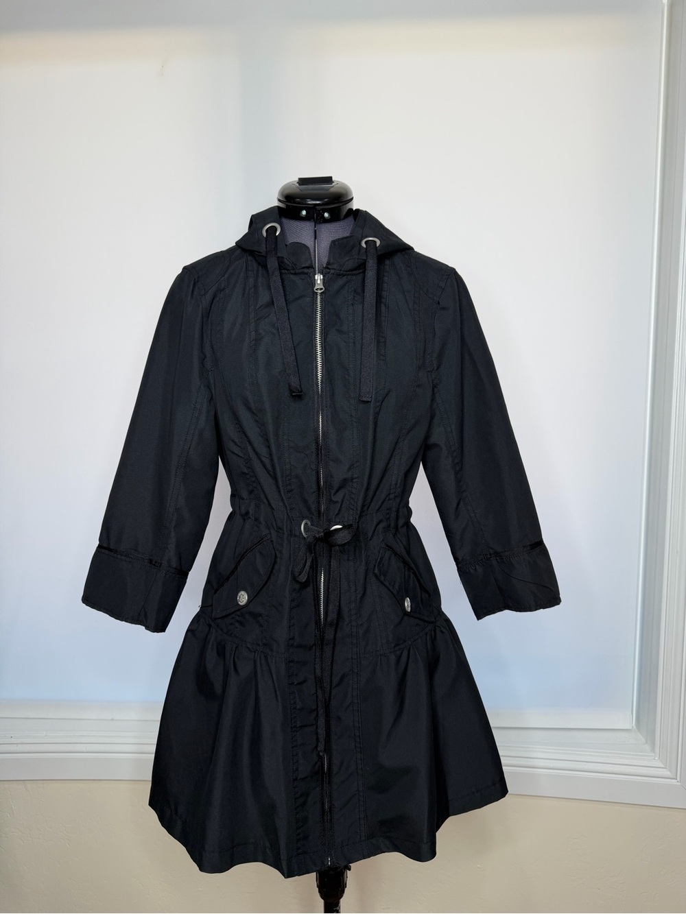 Beverly Hills Polo Club Women's Black Hooded Anorak Coat with Drawstring Waist